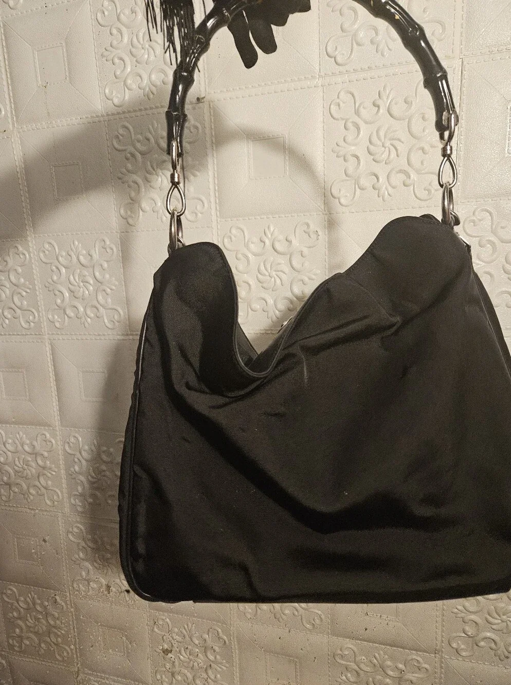 Gucci Nylon/Leather Black Bamboo Hobo 2way Authentic Vintage Bag